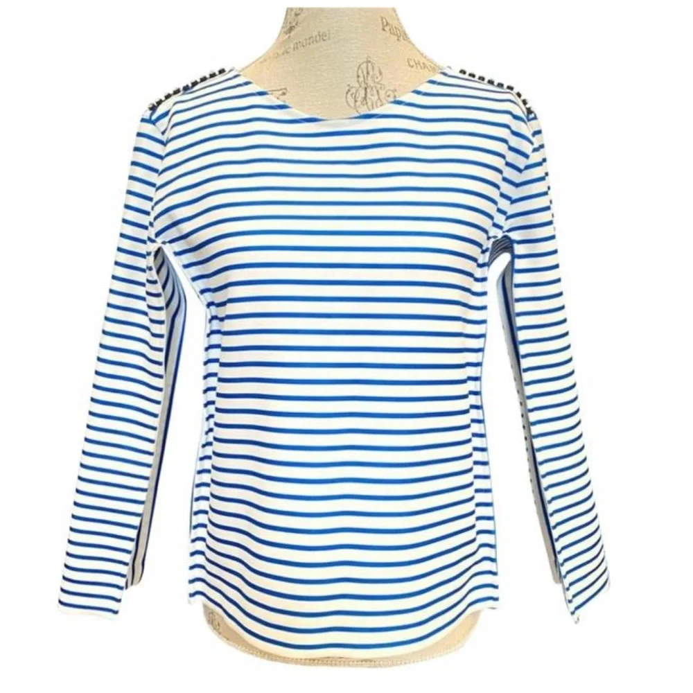 Maje white blue stripe rhinestone row shoulder detail long sleeve sweater top - Picture 1 of 14